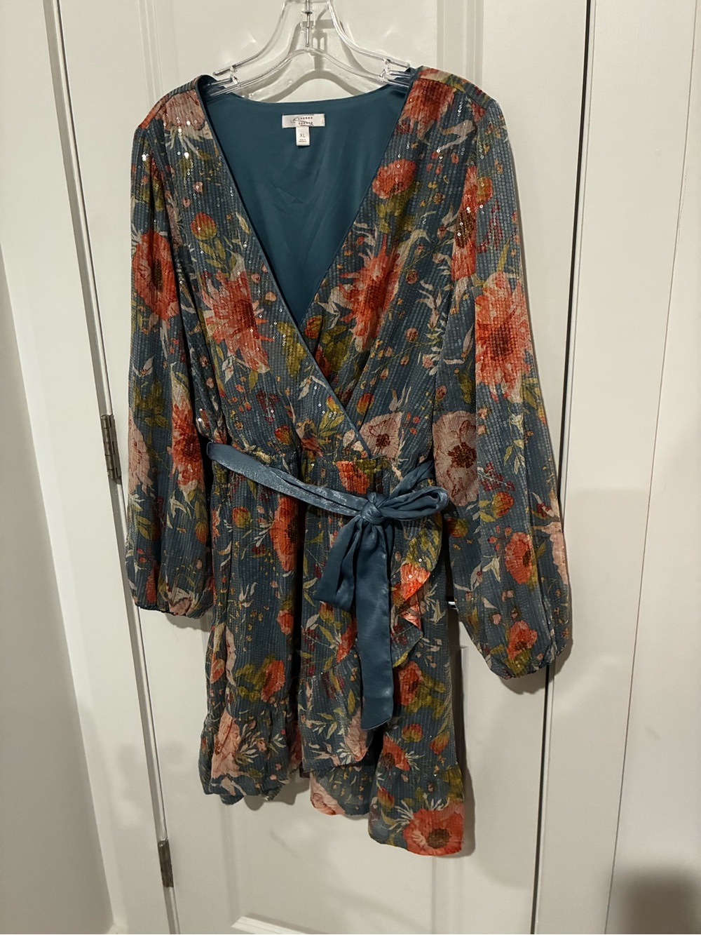LC Lauren Conrad Sequin Teal Floral Wrap Mini Dress with Satin Tie Size XL